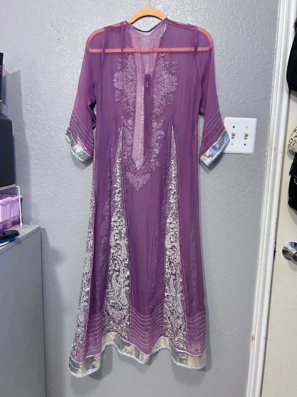 Purple Silver Embroidered Sheer Chiffon Kaftan Maxi Dress Gown Abaya Caftan Boho - Picture 3 of 8